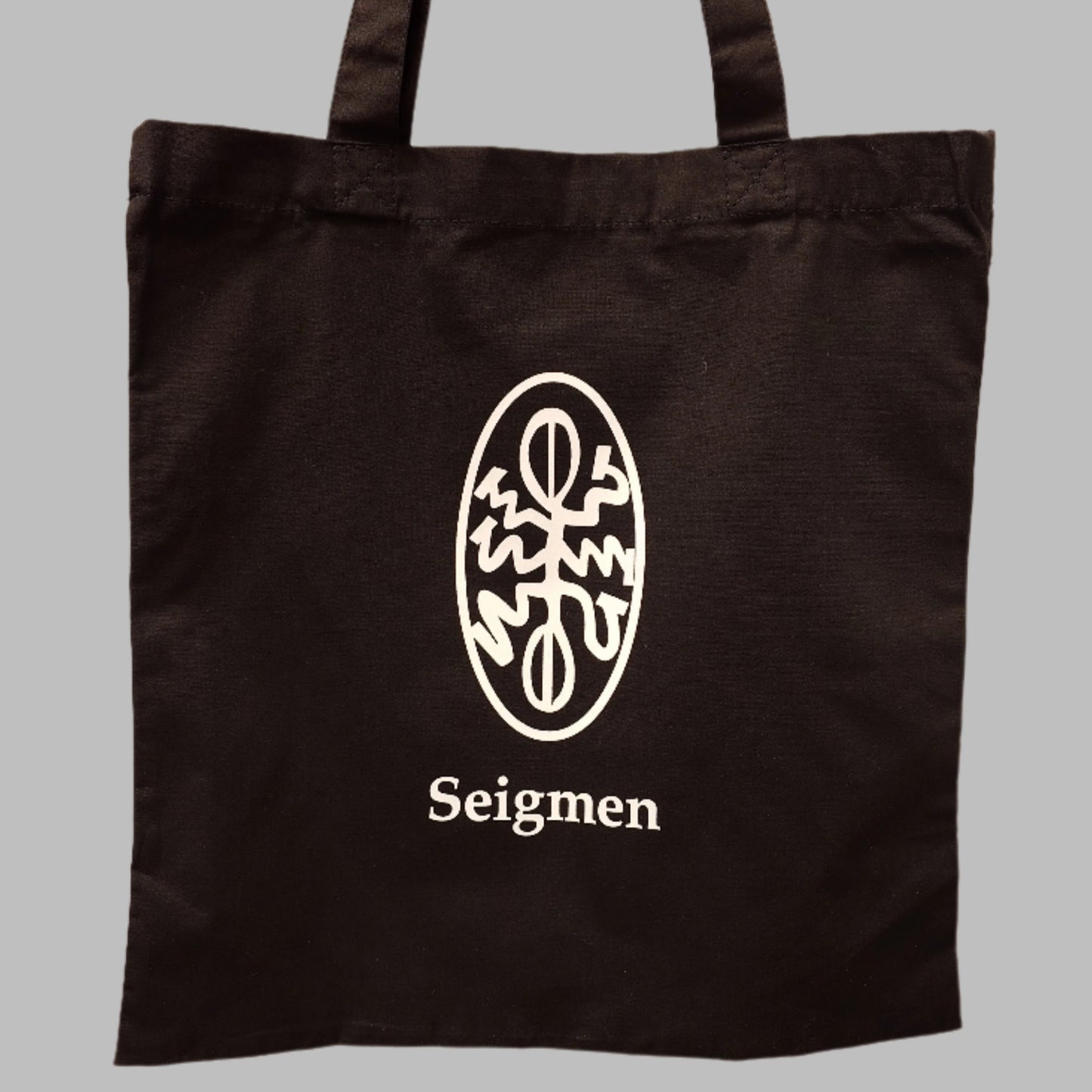 Seigmen black tote bag logo pentagram front
