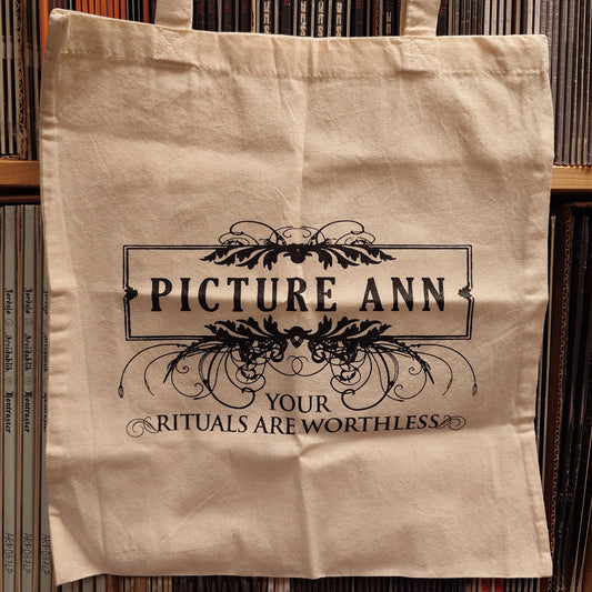 white tote bag with Picture Ann band logo