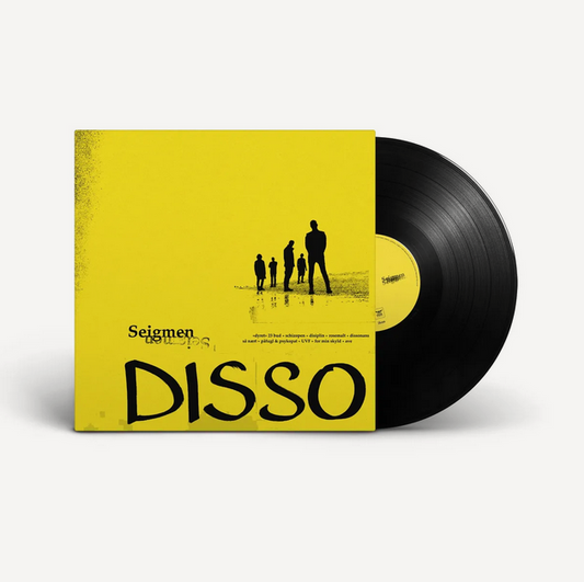 Vinyl record with yellow cover featuring black Seigmen logo, text and silhouettes 